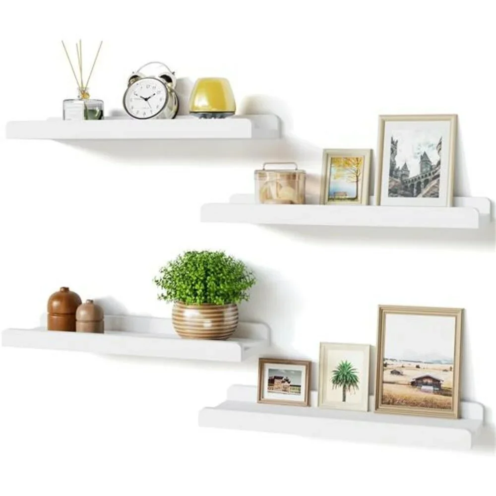 White Floating Wall Shelves Set of 4 Wood Hanging Display Shelf 15 Inch